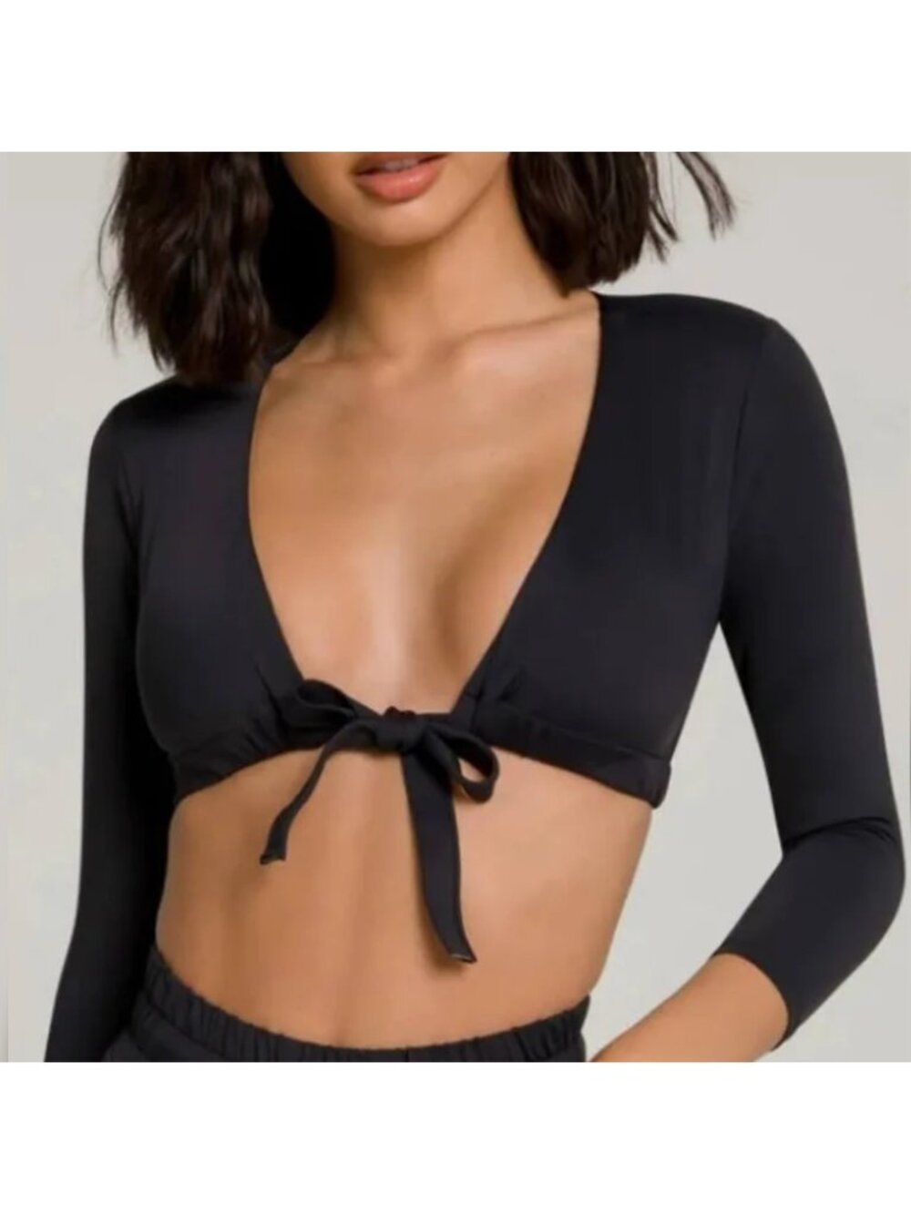 Good American - 0  Womens Black V-Neck Sexy Boost 3/4‎ Sleeve Tie Front Swim Top